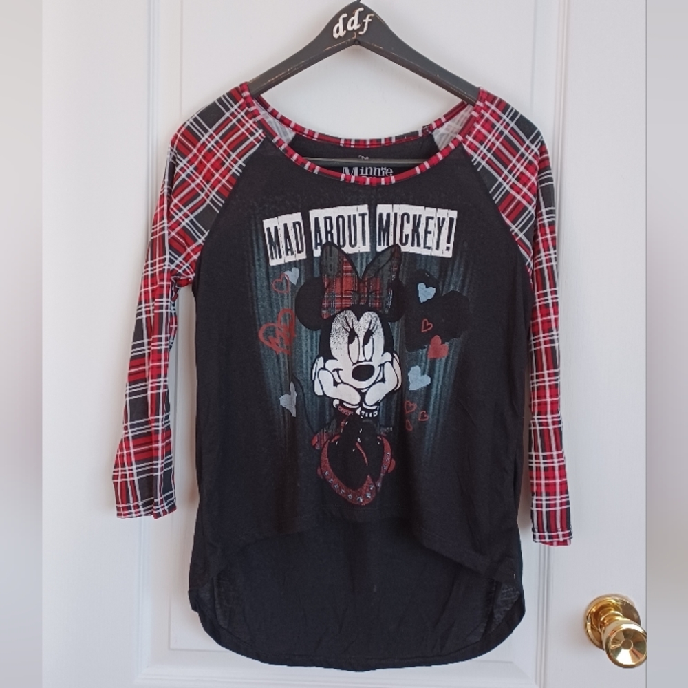 DISNEY MINNIE MOUSE MAD ABOUT MICKEY! HIGH-LOW TOP JUNIOR LARGE 3/4 PLAID SLEEVE